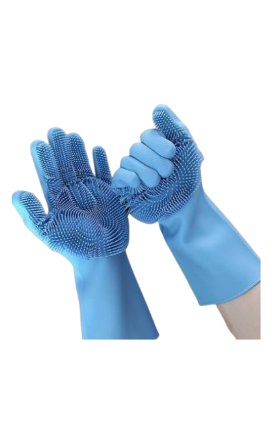 Pair of silicone gloves for kitchen and household use